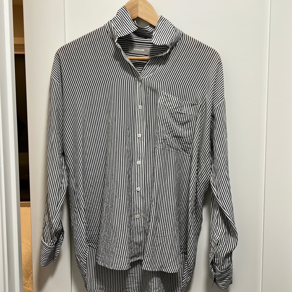 Everlane Black and White Vertical Stripe Button-Down Shirt SILK SMALL